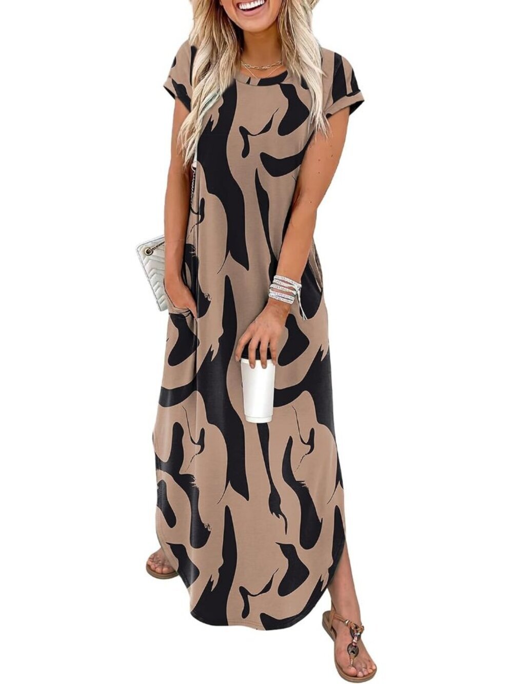 Women's Brown Floral Cap Sleeve Crewneck Pockets Beach Casual Long Maxi Dress